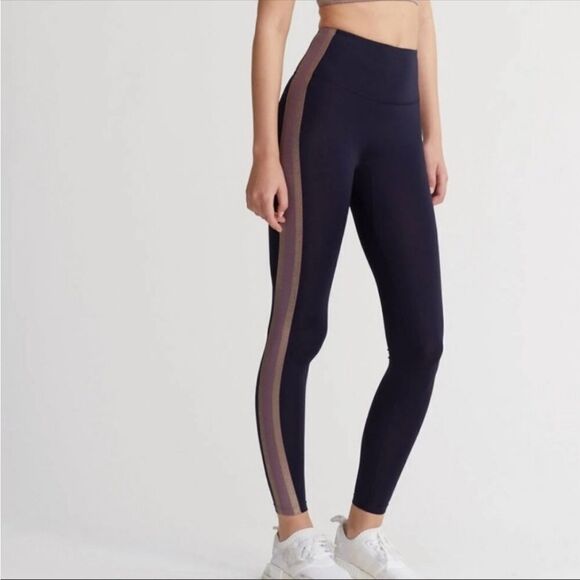 Nylora Bartley Leggings Navy Blue with gold and Lavender  Stripe on sides Sz L - Picture 1 of 16